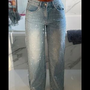 EdgyLittlePieces ‘Monday Premium’ DIAMANTÉ COVERED WIDE LEG JEANS NWT size 2-4